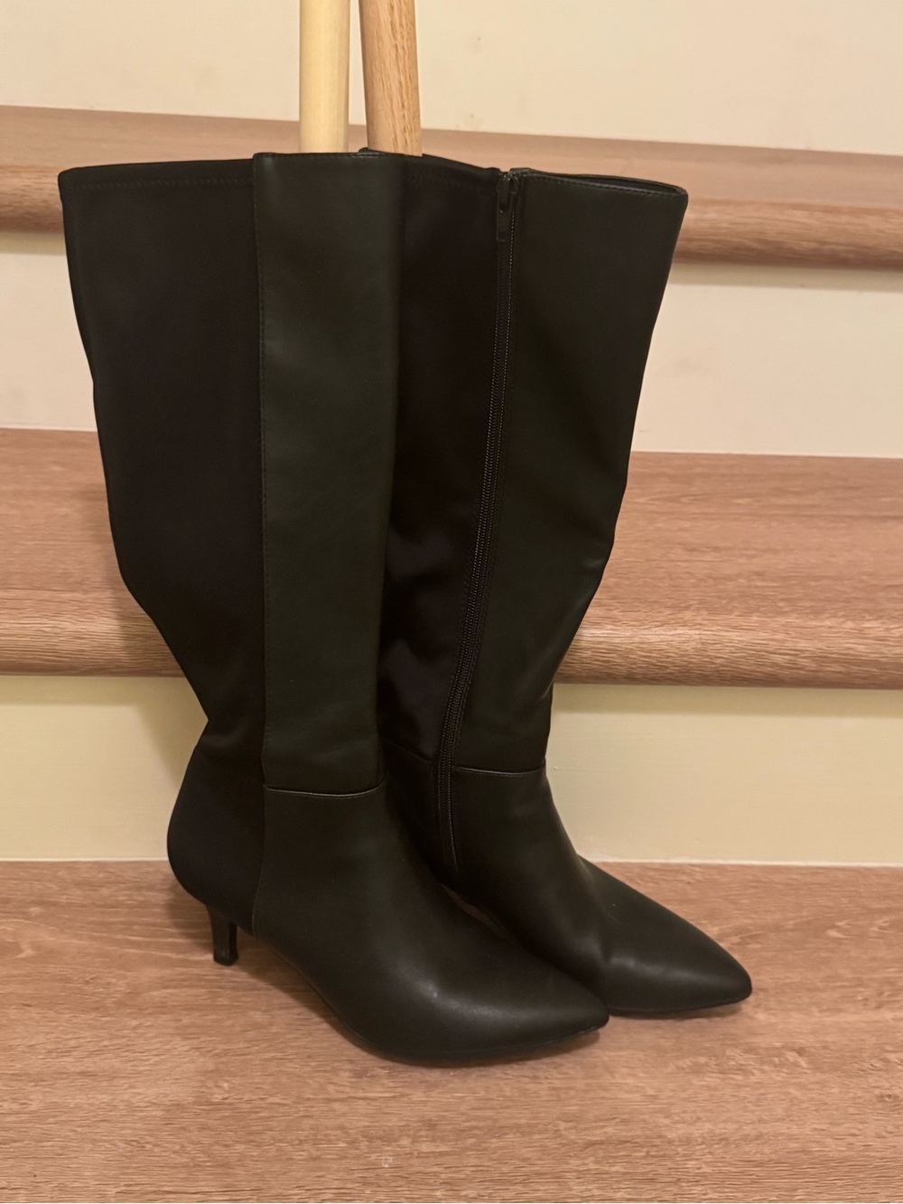 AEROSOLES Black Pointed-Toe Knee-High Heeled Boots